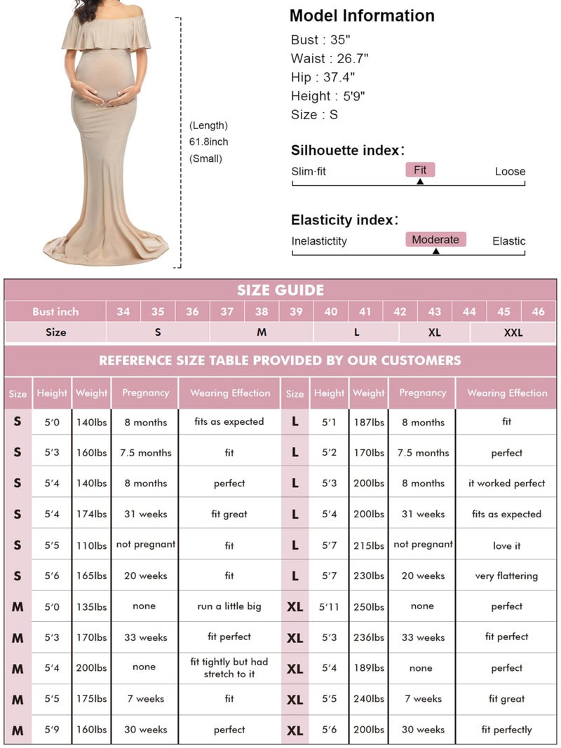Glampunch Womens Off Shoulder Maternity Dress Ruffles Elegant Slim Gowns Fit Maxi Photography Dress Beige - Image 5